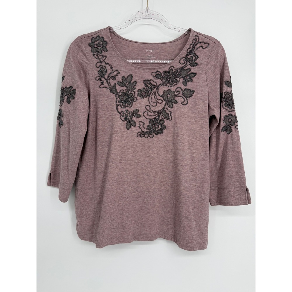 Pure Jill J. Jill Floral Embroidered Pima Cotton Top Mauve Sz XS 3/4 Sleeve